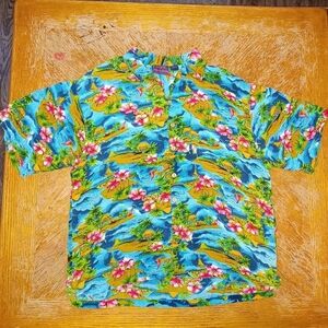 Jack Hollywood Mens Size XL Blue Surfing Beach Tiki Hut Hawaiian Aloha Shirt. Ge